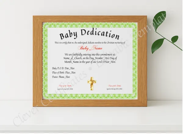 Realistic mockup featuring Dedication Of Baby Certificate displayed within a modern frame, set against a minimalistic background.