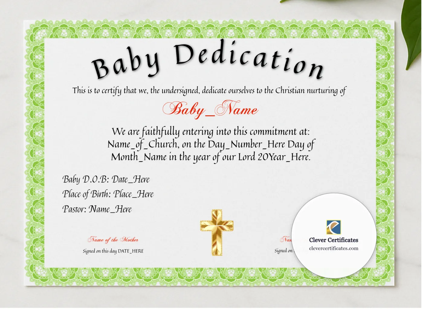 Dedication Of Baby Certificate presented in a sleek wooden frame, elegantly arranged on a stylish table.