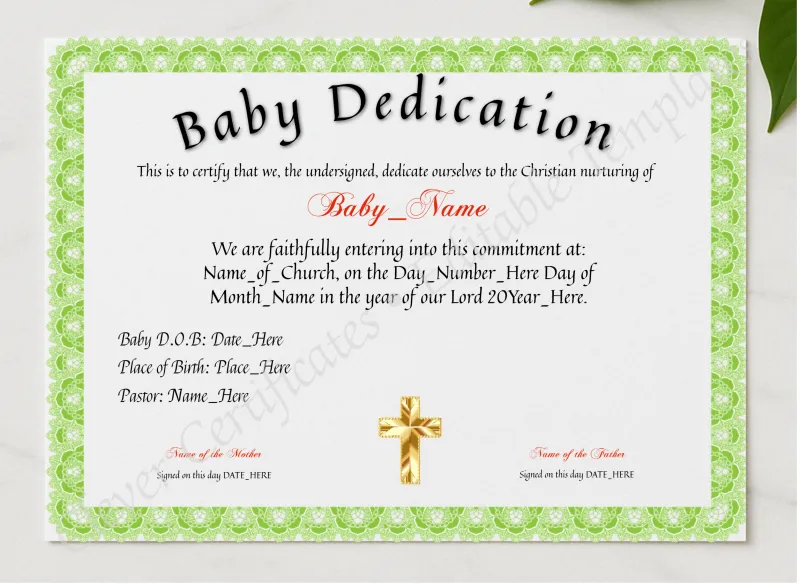 Dedication Of Baby Certificate presented in a sleek wooden frame, elegantly arranged on a stylish table.