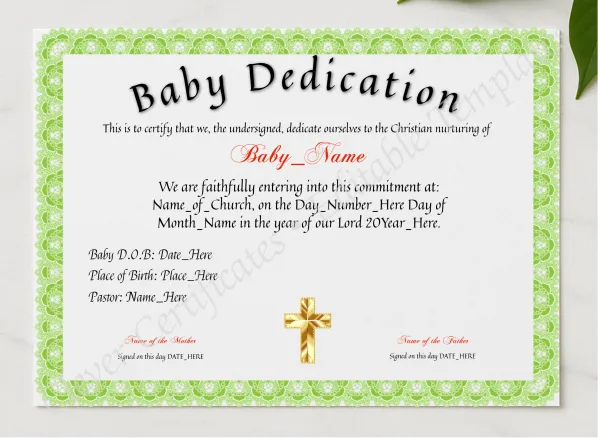 Dedication Of Baby Certificate presented in a sleek wooden frame, elegantly arranged on a stylish table.
