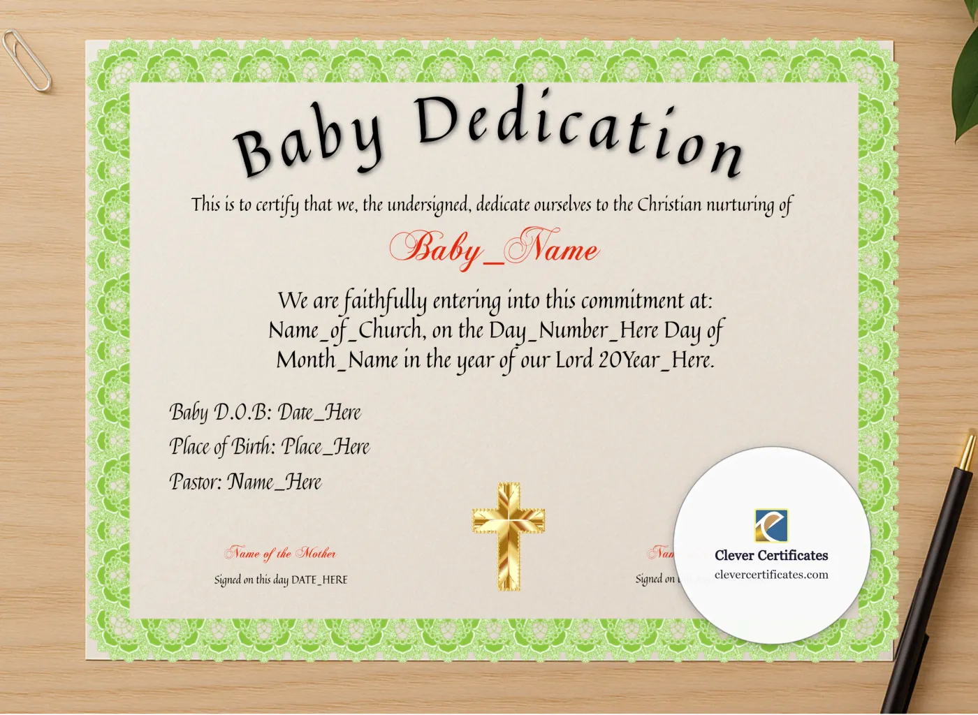 Professional preview of Dedication Of Baby Certificate certificate on high-quality stationery paper, ideal for showcasing the final look.