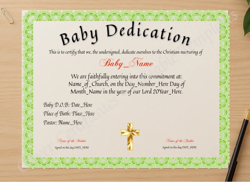 Professional preview of Dedication Of Baby Certificate certificate on high-quality stationery paper, ideal for showcasing the final look.