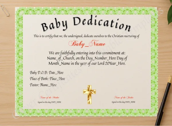 Professional preview of Dedication Of Baby Certificate certificate on high-quality stationery paper, ideal for showcasing the final look.