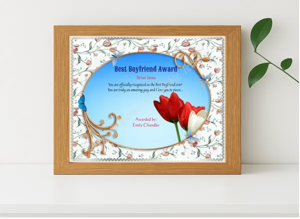 Realistic mockup featuring Best Boyfriend Certificate Template displayed within a modern frame, set against a minimalistic background.