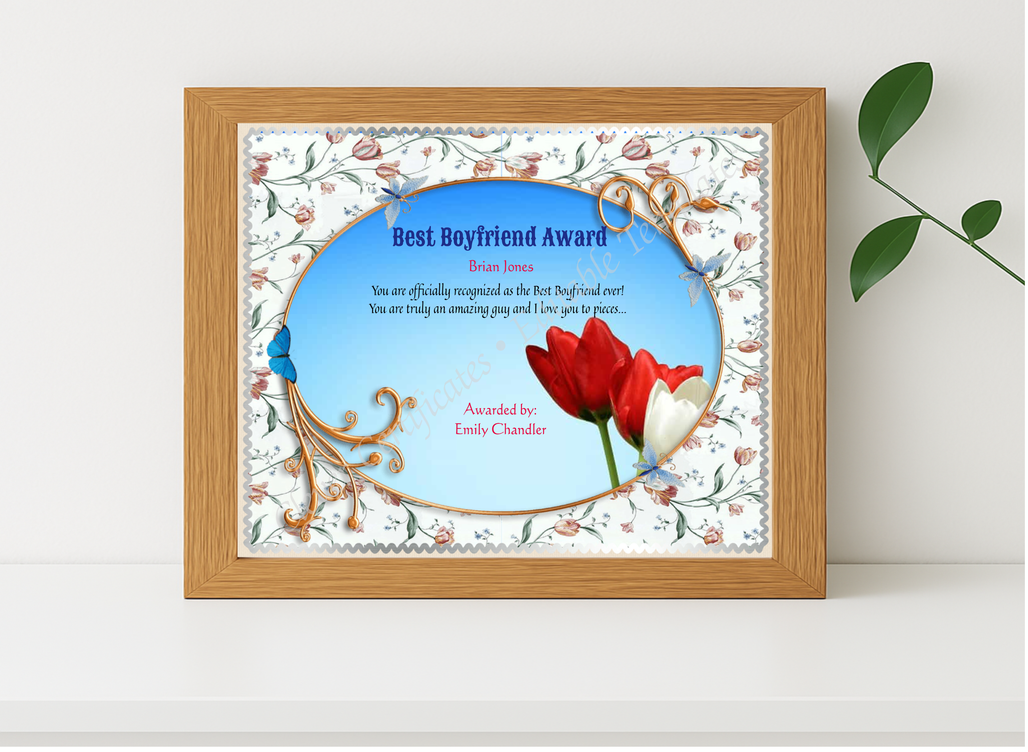 Realistic mockup featuring Best Boyfriend Certificate Template displayed within a modern frame, set against a minimalistic background.