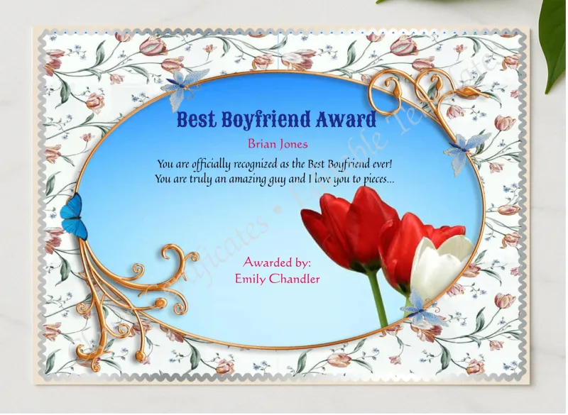 Best Boyfriend Certificate Template presented in a sleek wooden frame, elegantly arranged on a stylish table.