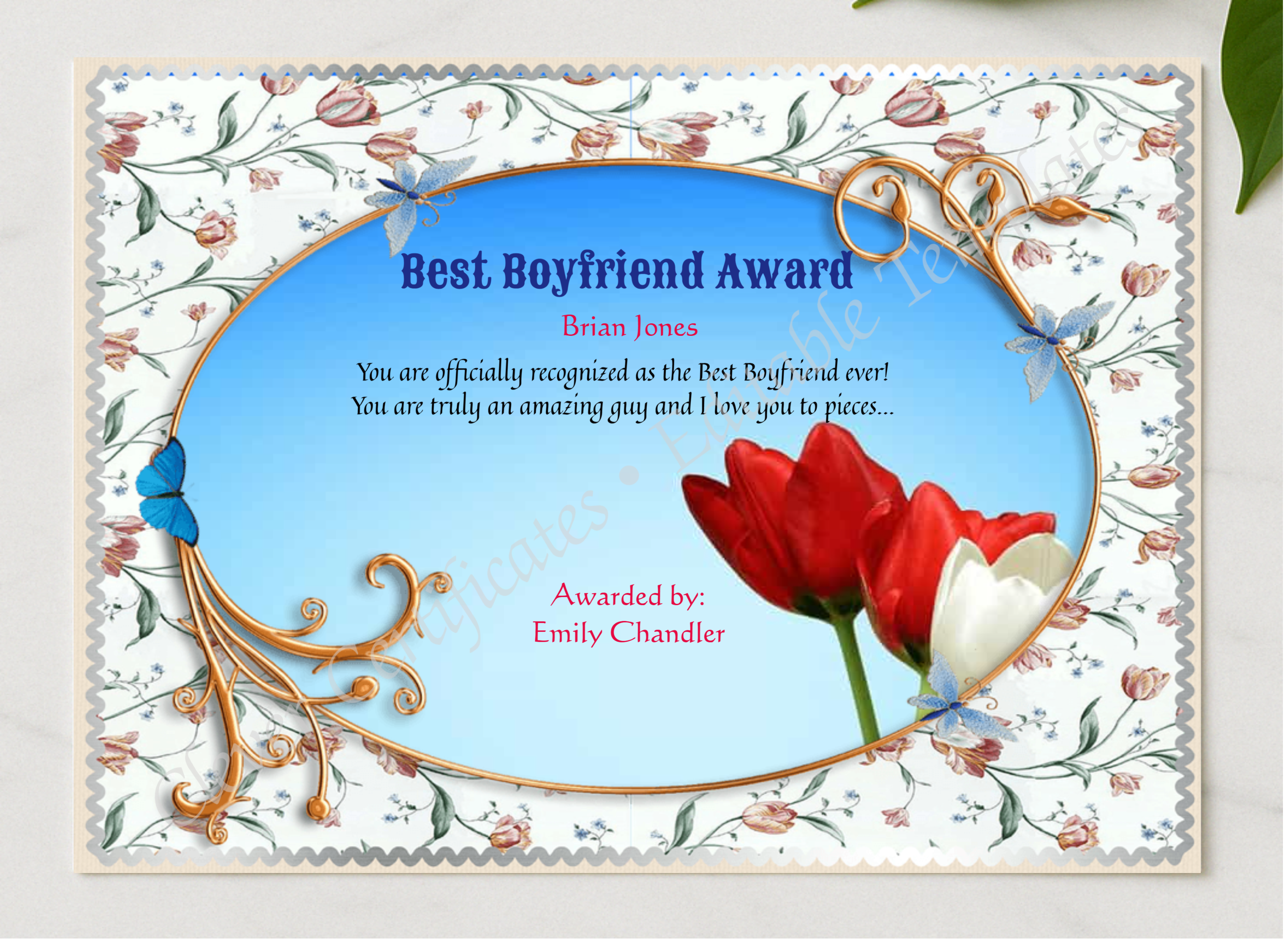 Best Boyfriend Certificate Template presented in a sleek wooden frame, elegantly arranged on a stylish table.