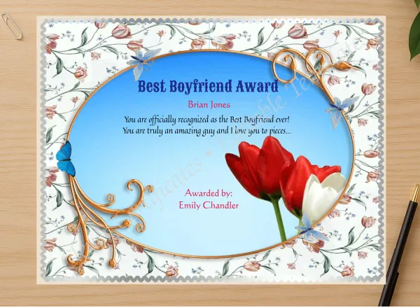 Professional preview of Best Boyfriend Certificate Template certificate on high-quality stationery paper, ideal for showcasing the final look.