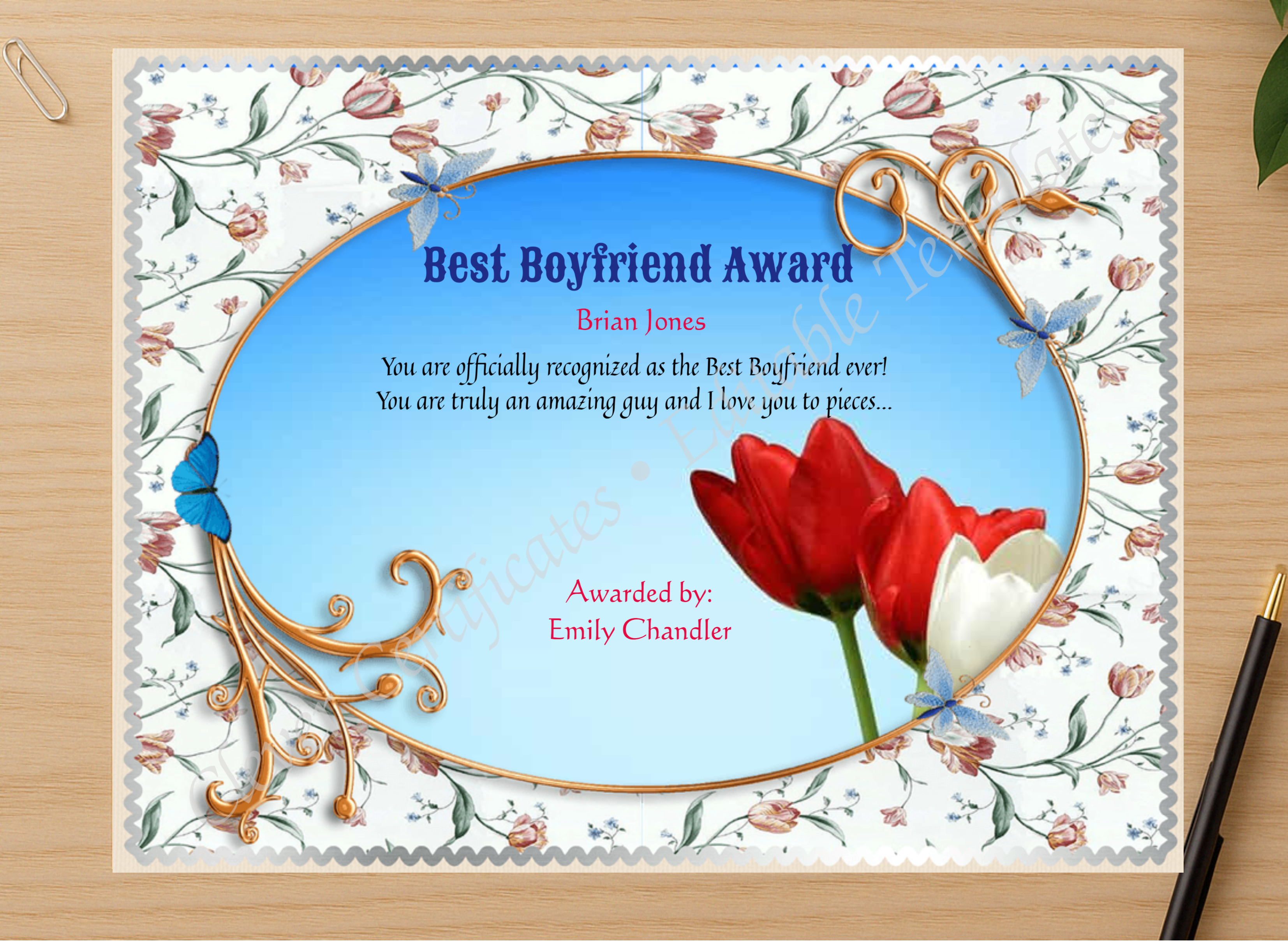 Professional preview of Best Boyfriend Certificate Template certificate on high-quality stationery paper, ideal for showcasing the final look.