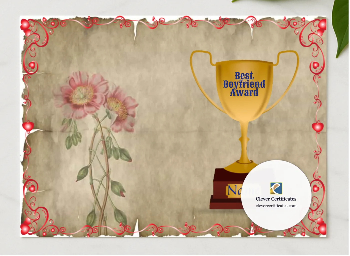 Best Bf Award presented in a sleek wooden frame, elegantly arranged on a stylish table.