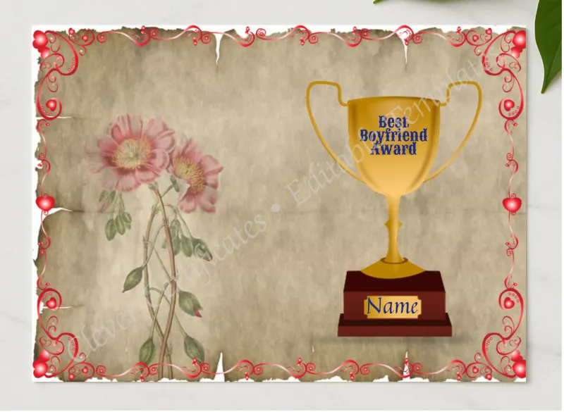 Best Bf Award presented in a sleek wooden frame, elegantly arranged on a stylish table.