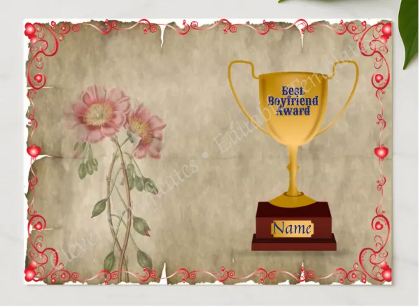 Best Bf Award presented in a sleek wooden frame, elegantly arranged on a stylish table.