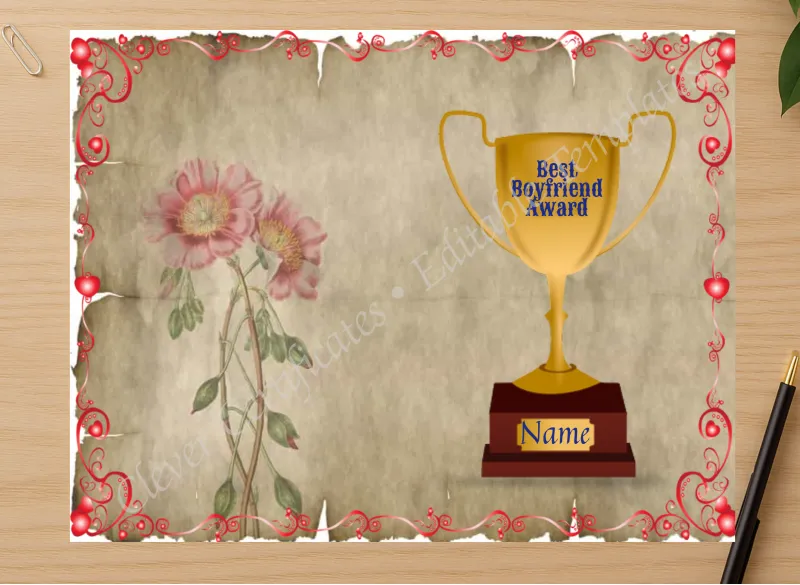 Professional preview of Best Bf Award certificate on high-quality stationery paper, ideal for showcasing the final look.