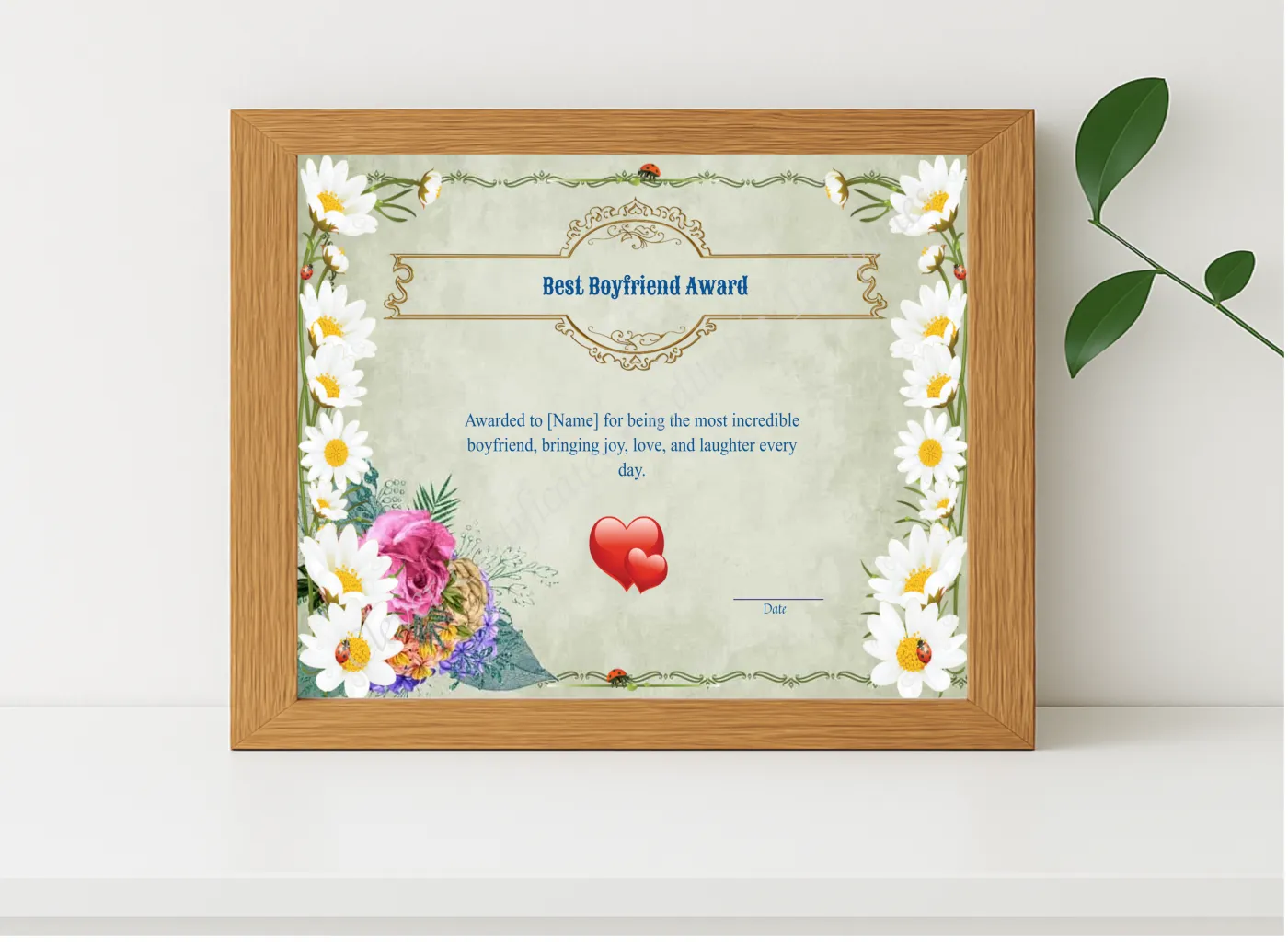 Realistic mockup featuring PRINTABLE BEST BOYFRIEND AWARD displayed within a modern frame, set against a minimalistic background.