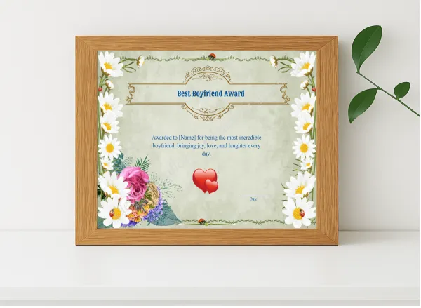 Realistic mockup featuring PRINTABLE BEST BOYFRIEND AWARD displayed within a modern frame, set against a minimalistic background.