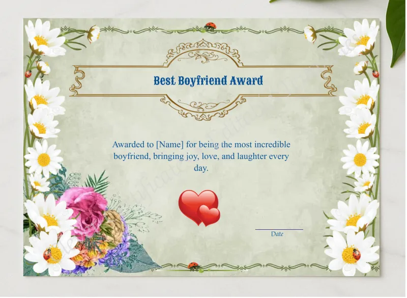 PRINTABLE BEST BOYFRIEND AWARD presented in a sleek wooden frame, elegantly arranged on a stylish table.