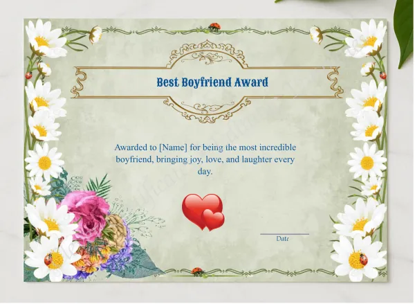 PRINTABLE BEST BOYFRIEND AWARD presented in a sleek wooden frame, elegantly arranged on a stylish table.