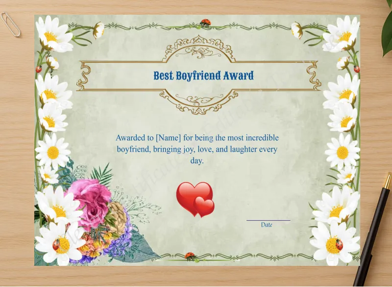 Professional preview of PRINTABLE BEST BOYFRIEND AWARD certificate on high-quality stationery paper, ideal for showcasing the final look.