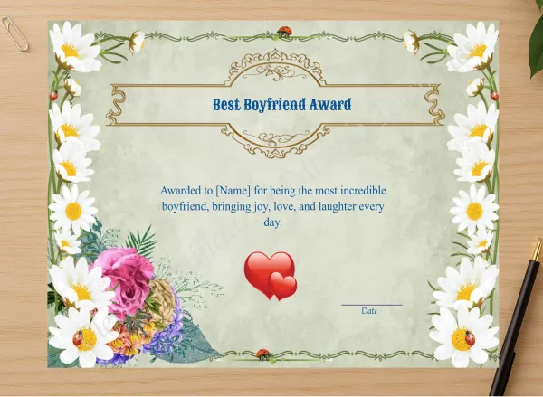Professional preview of PRINTABLE BEST BOYFRIEND AWARD certificate on high-quality stationery paper, ideal for showcasing the final look.