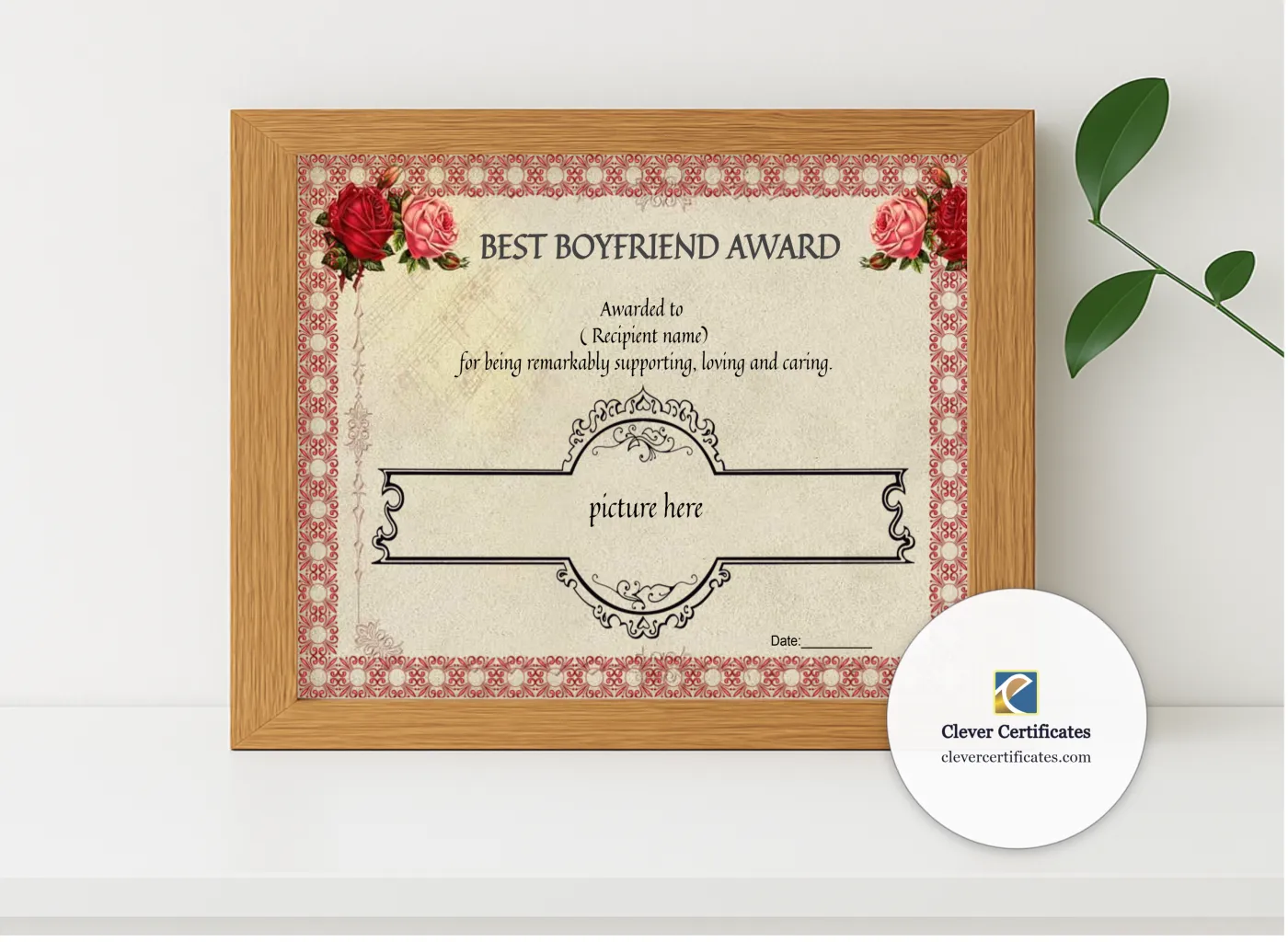 Realistic mockup featuring Editable Best Boyfriend Award displayed within a modern frame, set against a minimalistic background.