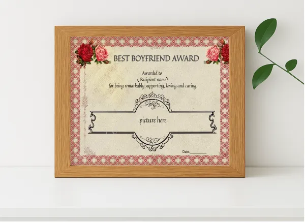 Realistic mockup featuring Editable Best Boyfriend Award displayed within a modern frame, set against a minimalistic background.