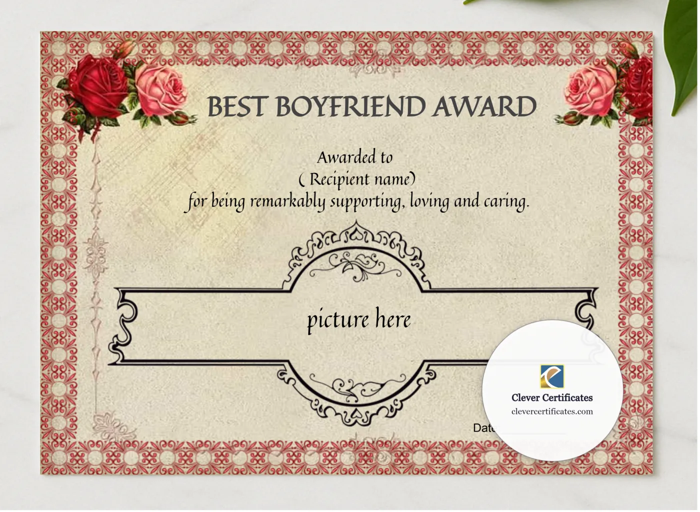 Editable Best Boyfriend Award presented in a sleek wooden frame, elegantly arranged on a stylish table.