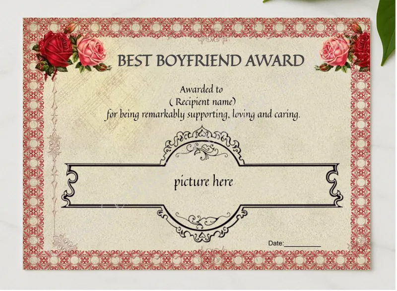 Editable Best Boyfriend Award presented in a sleek wooden frame, elegantly arranged on a stylish table.