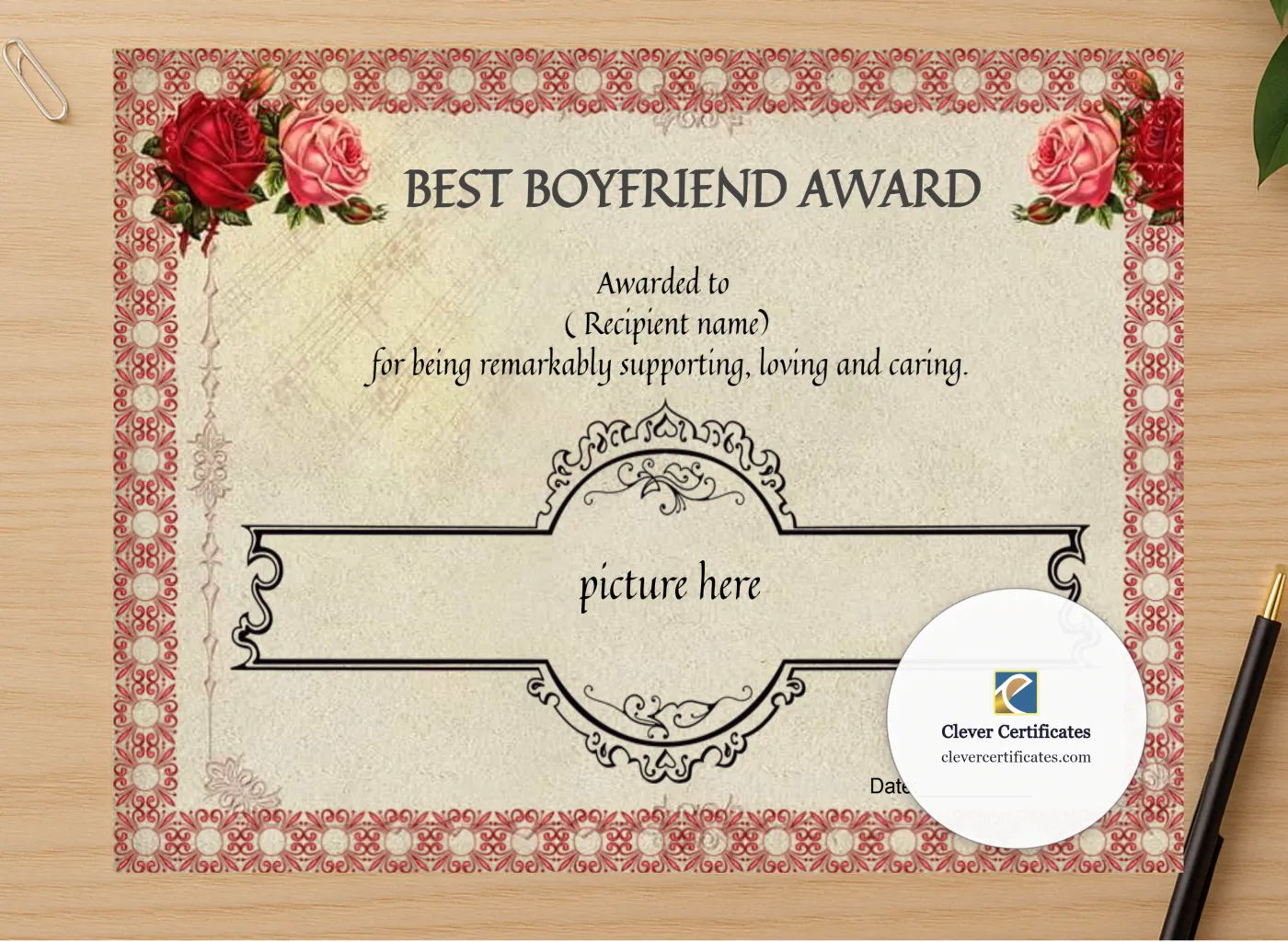 Professional preview of Editable Best Boyfriend Award certificate on high-quality stationery paper, ideal for showcasing the final look.
