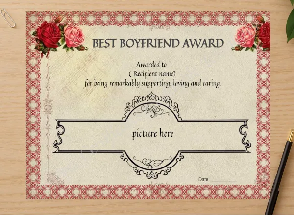 Professional preview of Editable Best Boyfriend Award certificate on high-quality stationery paper, ideal for showcasing the final look.