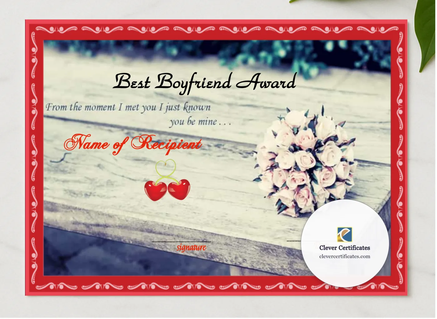 Best Bf Award Template presented in a sleek wooden frame, elegantly arranged on a stylish table.