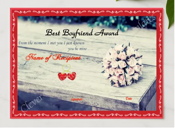 Best Bf Award Template presented in a sleek wooden frame, elegantly arranged on a stylish table.