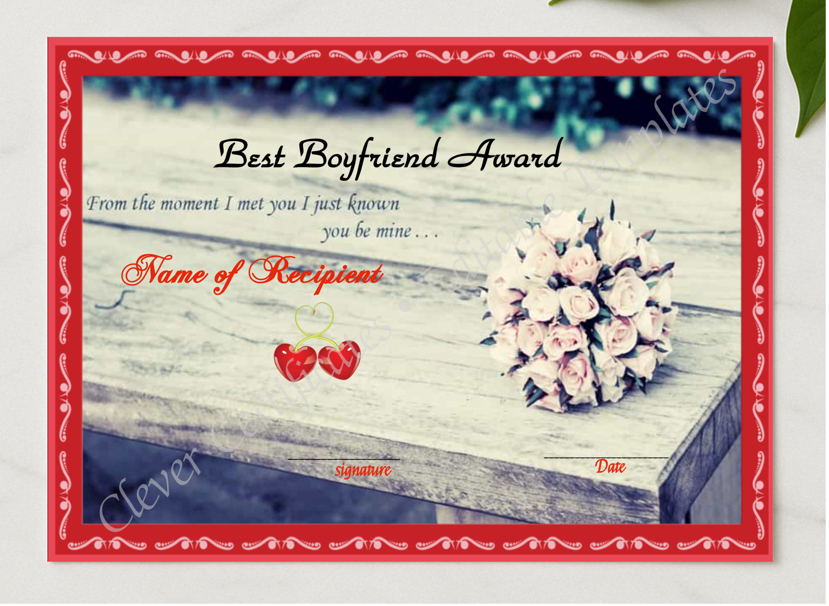 Best Bf Award Template presented in a sleek wooden frame, elegantly arranged on a stylish table.