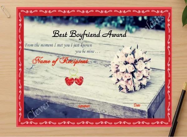 Professional preview of Best Bf Award Template certificate on high-quality stationery paper, ideal for showcasing the final look.