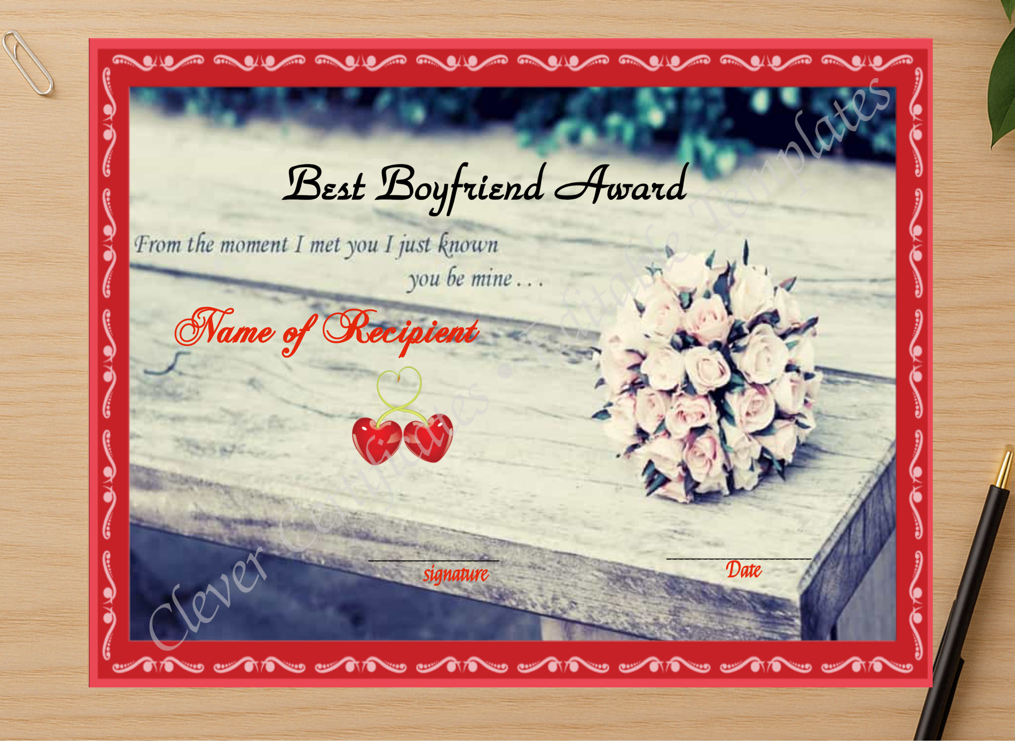 Professional preview of Best Bf Award Template certificate on high-quality stationery paper, ideal for showcasing the final look.