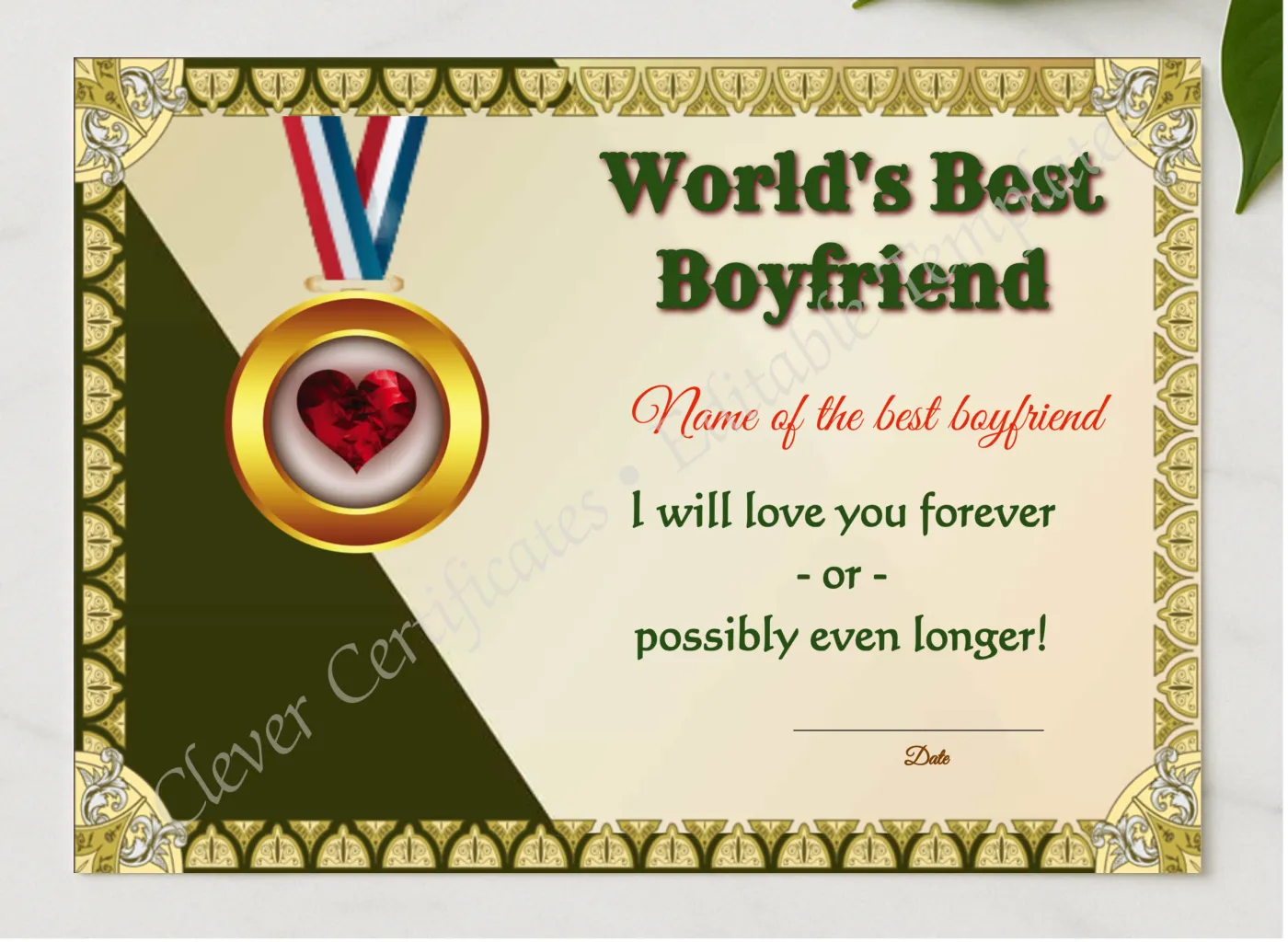 World Best Bf presented in a sleek wooden frame, elegantly arranged on a stylish table.