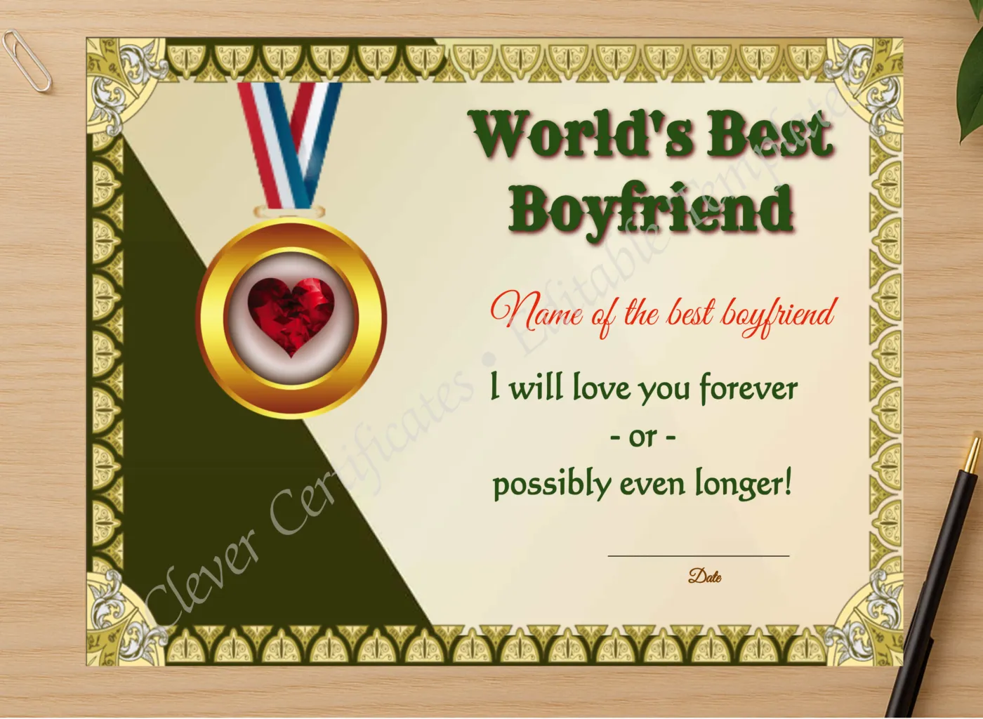 Professional preview of World Best Bf certificate on high-quality stationery paper, ideal for showcasing the final look.