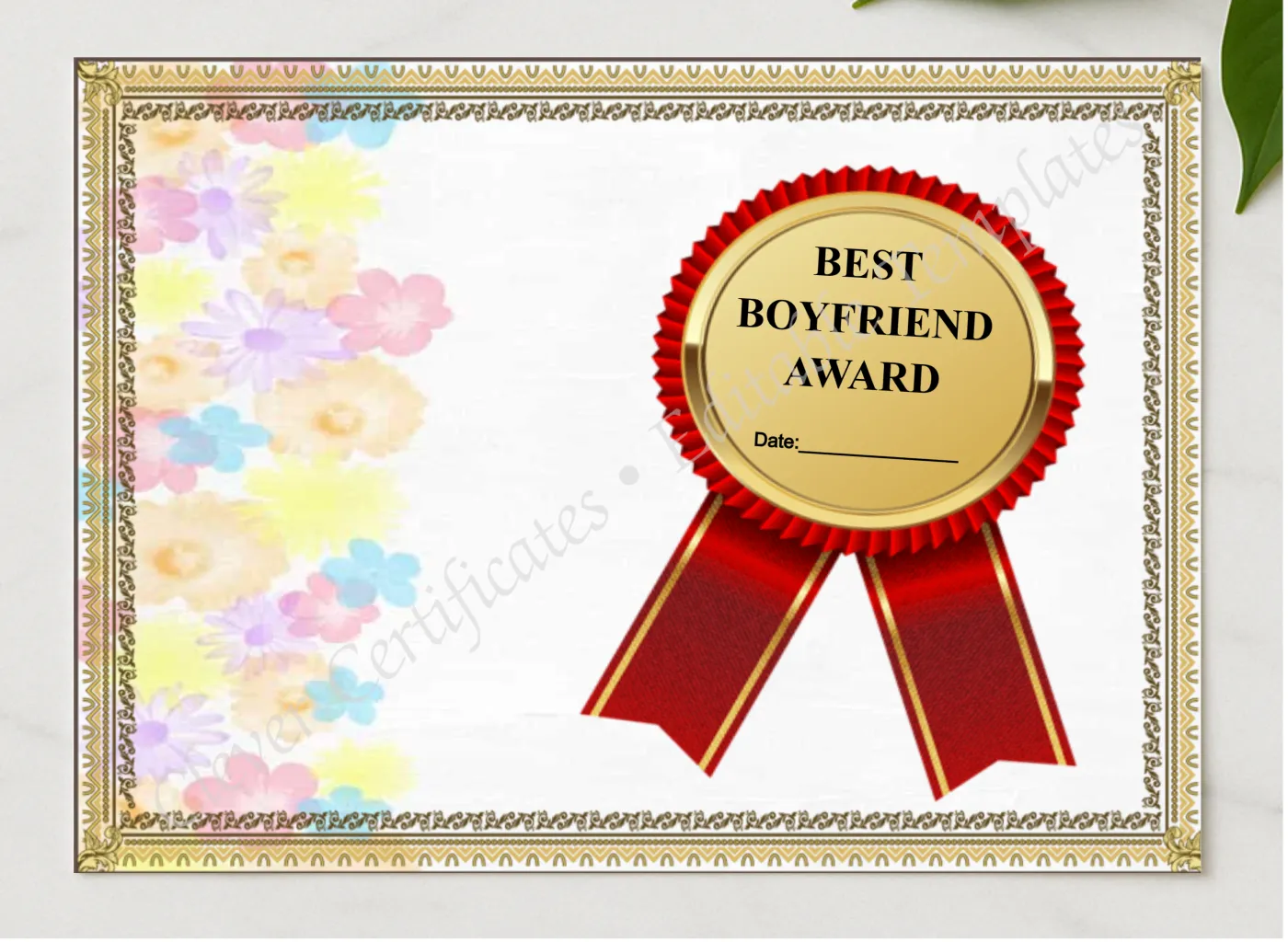 Best Boyfriend Award Template presented in a sleek wooden frame, elegantly arranged on a stylish table.