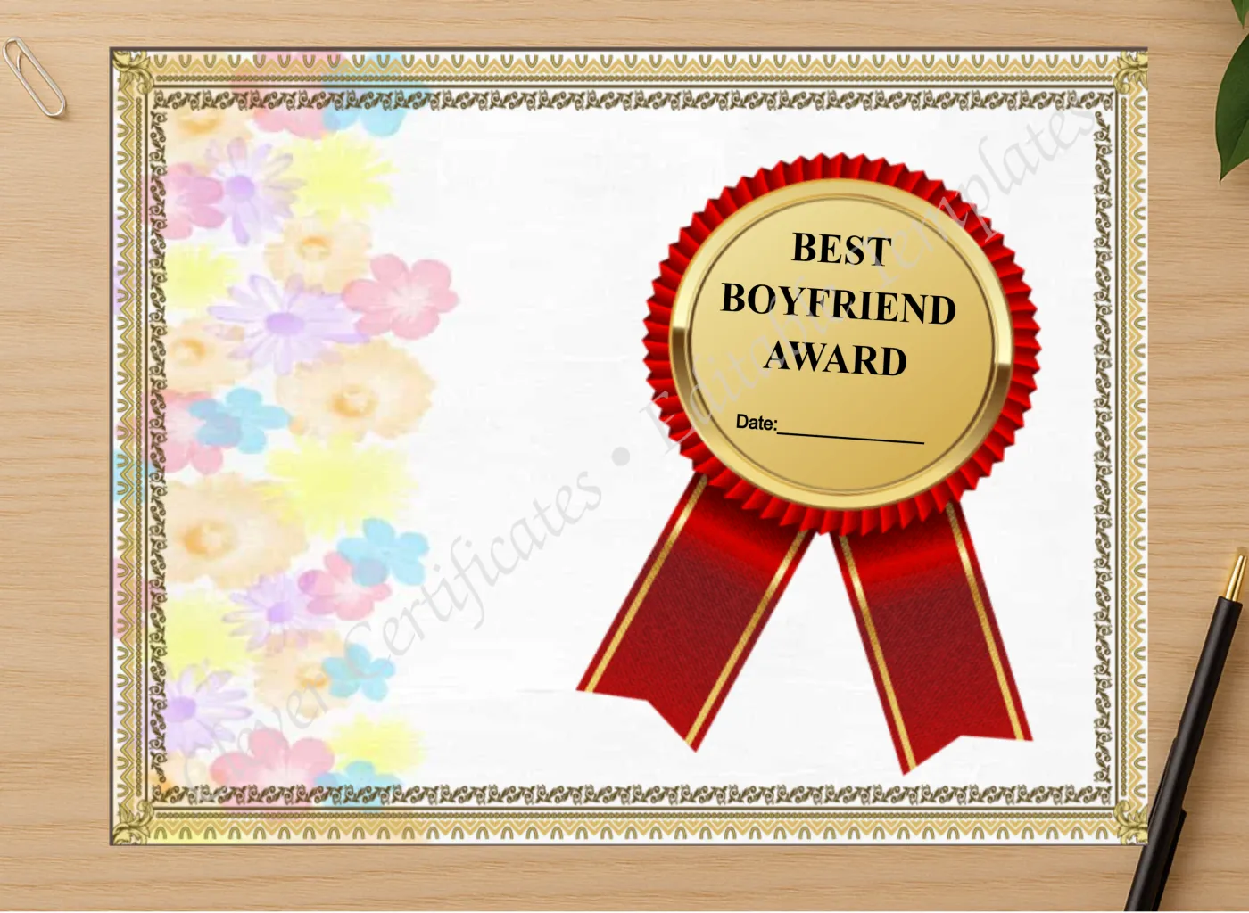 Professional preview of Best Boyfriend Award Template certificate on high-quality stationery paper, ideal for showcasing the final look.