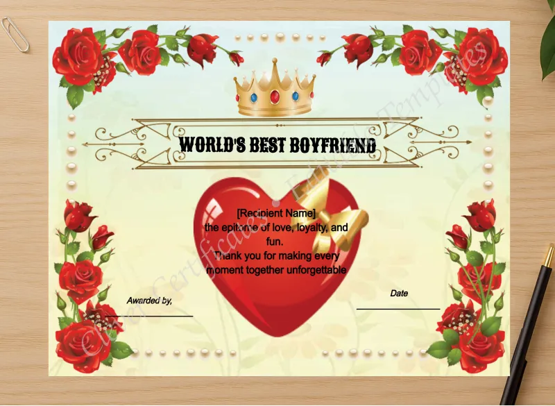 Professional preview of Worlds Best Boyfriend Ever certificate on high-quality stationery paper, ideal for showcasing the final look.