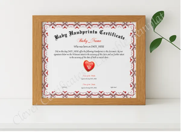 Realistic mockup featuring Baby Handprints Certificate displayed within a modern frame, set against a minimalistic background.
