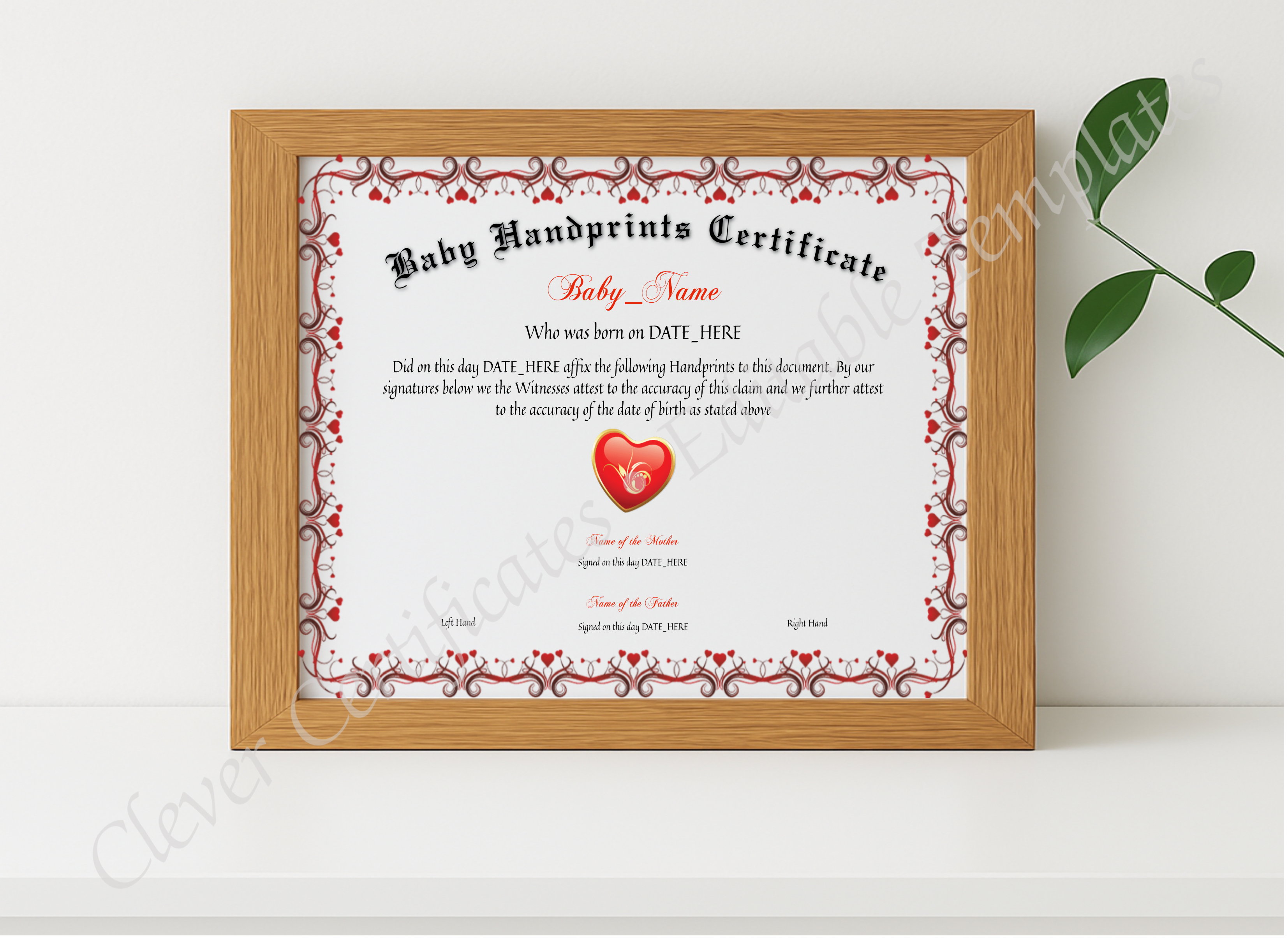 Realistic mockup featuring Baby Handprints Certificate displayed within a modern frame, set against a minimalistic background.