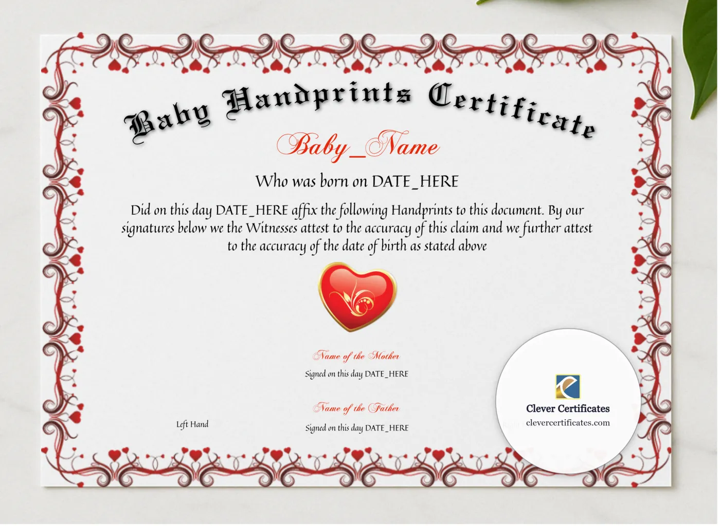 Baby Handprints Certificate presented in a sleek wooden frame, elegantly arranged on a stylish table.
