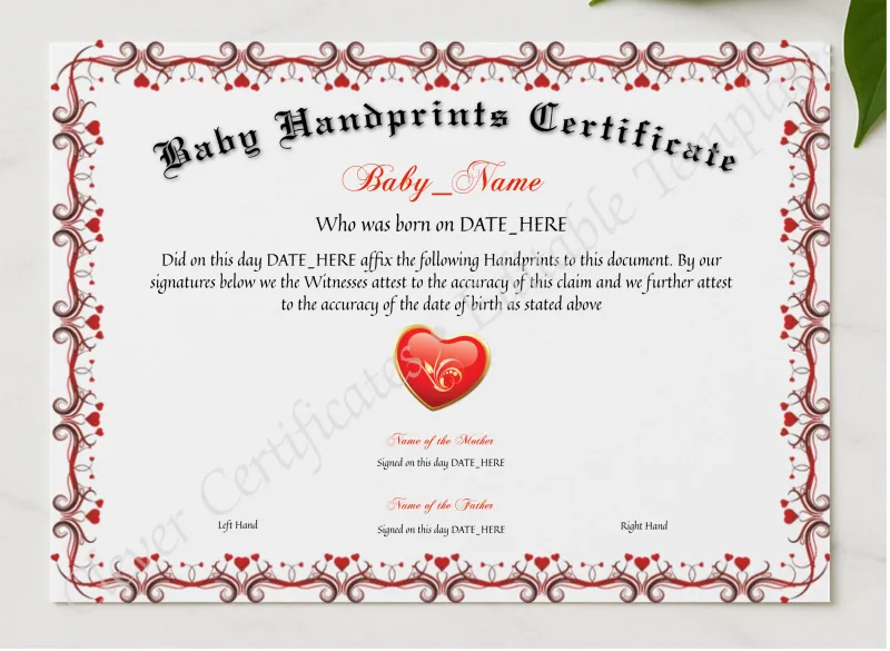 Baby Handprints Certificate presented in a sleek wooden frame, elegantly arranged on a stylish table.
