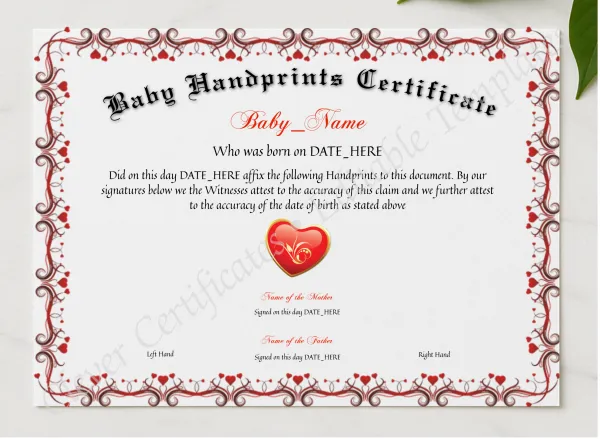 Baby Handprints Certificate presented in a sleek wooden frame, elegantly arranged on a stylish table.