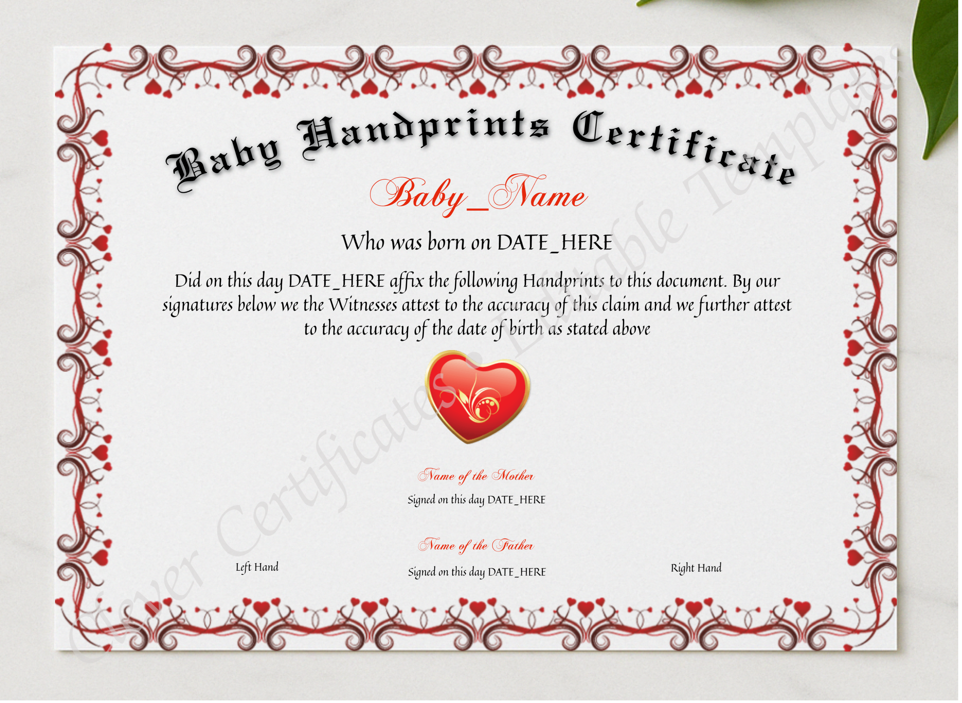 Baby Handprints Certificate presented in a sleek wooden frame, elegantly arranged on a stylish table.