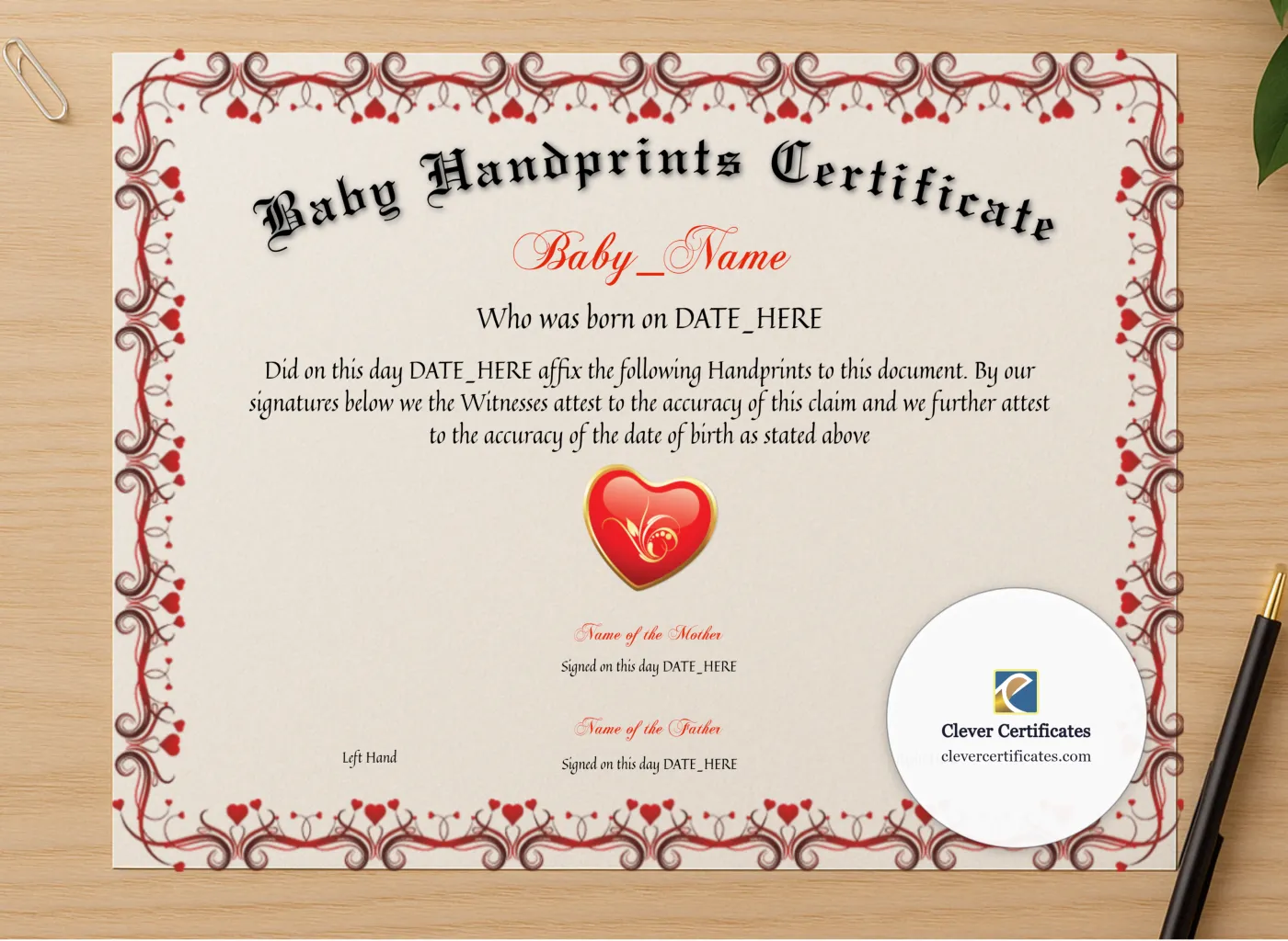 Professional preview of Baby Handprints Certificate certificate on high-quality stationery paper, ideal for showcasing the final look.