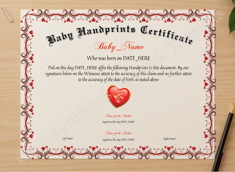 Professional preview of Baby Handprints Certificate certificate on high-quality stationery paper, ideal for showcasing the final look.