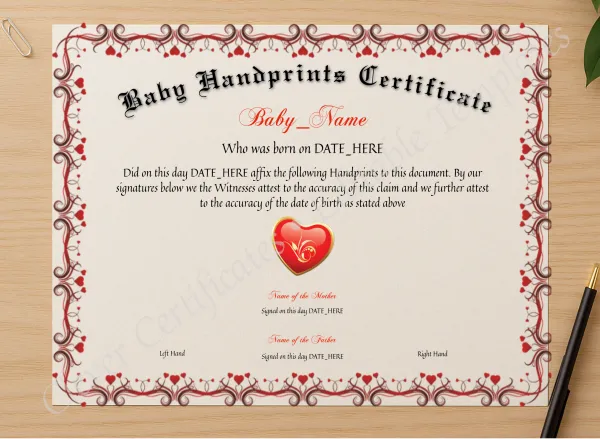 Professional preview of Baby Handprints Certificate certificate on high-quality stationery paper, ideal for showcasing the final look.