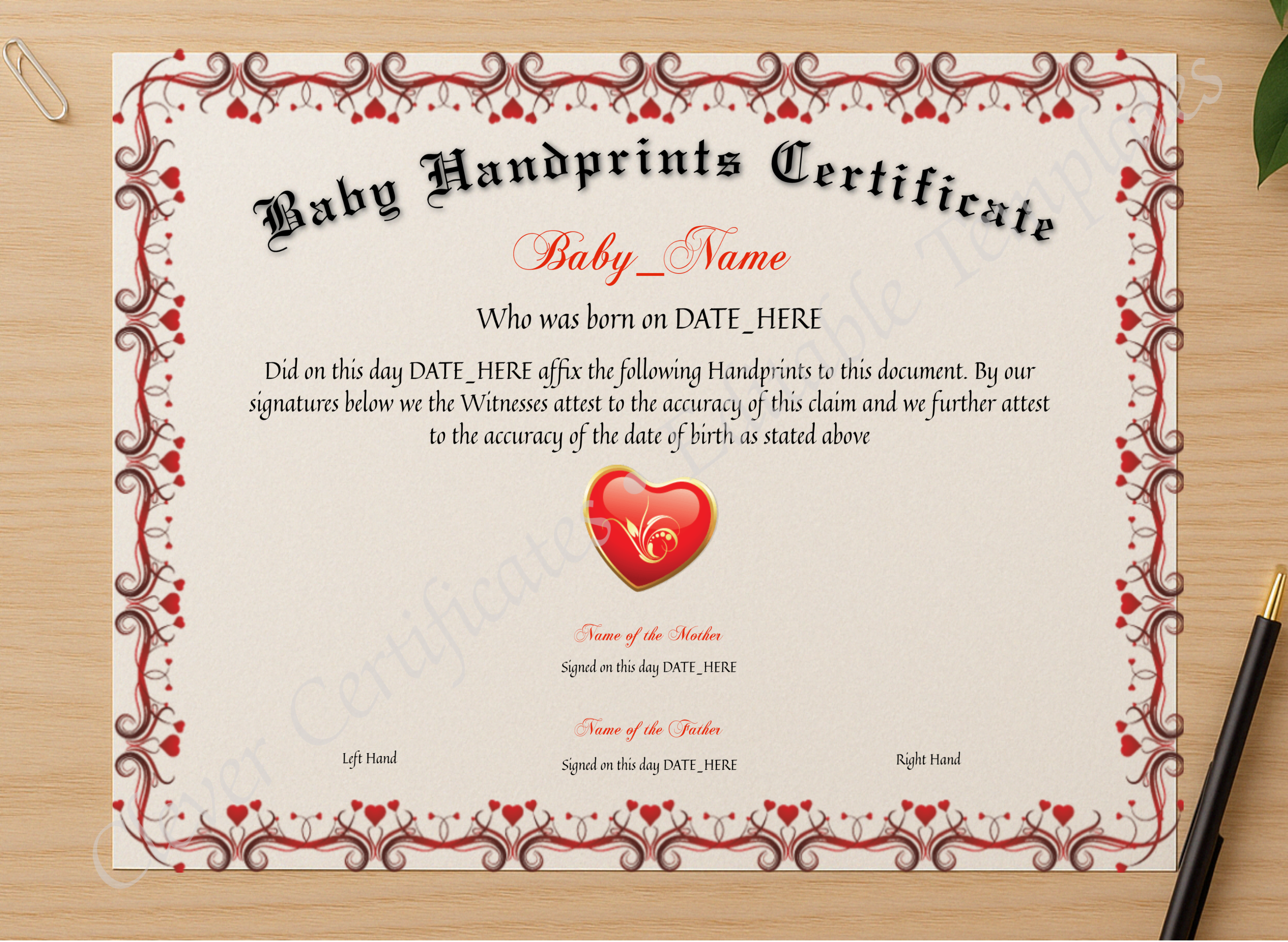 Professional preview of Baby Handprints Certificate certificate on high-quality stationery paper, ideal for showcasing the final look.