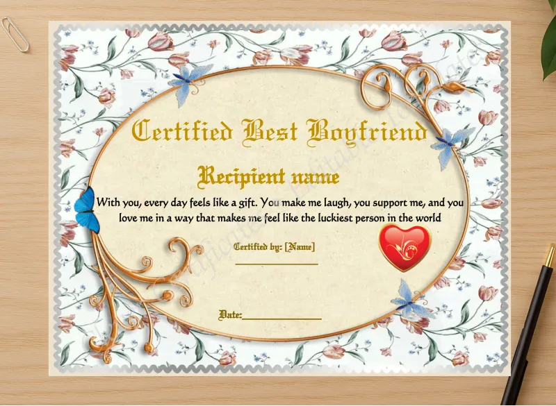 Professional preview of Editable Template Best Boyfriend certificate on high-quality stationery paper, ideal for showcasing the final look.